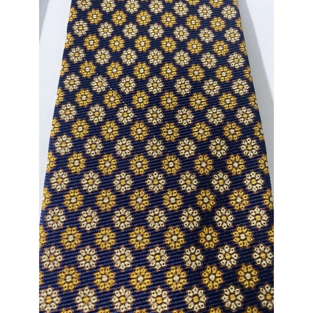 Brooks Brothers Makers Navy Yellow Brown Floral Tie Necktie Silk 59